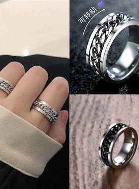 网红开啤酒戒指可转动链条不掉色钛钢起瓶盖神器嘻哈男女情侣指环