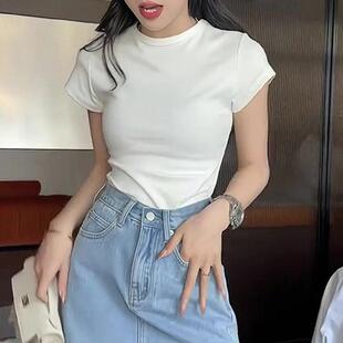 2025春夏新款正肩女t恤短袖修身显瘦圆领纯棉设计感小众百搭上衣