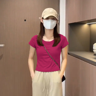 炭灰色正肩短袖t恤女装2025夏新款修身显瘦纯棉体恤漂亮时尚上衣