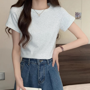 正肩纯棉硬挺短袖t恤女时尚白色圆领上衣厚款打底衫春夏秋季纯色