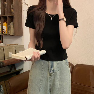 正肩纯棉硬挺短袖t恤女时尚白色圆领上衣厚款打底衫春夏秋季纯色