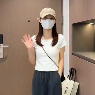 白色圆领韩版短袖t恤女夏季2025新款设计感小众正肩修身显瘦上衣