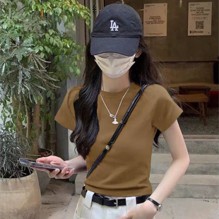正肩短袖t恤女2024新款夏季酒红色修身内搭短款穿搭显瘦纯棉上衣