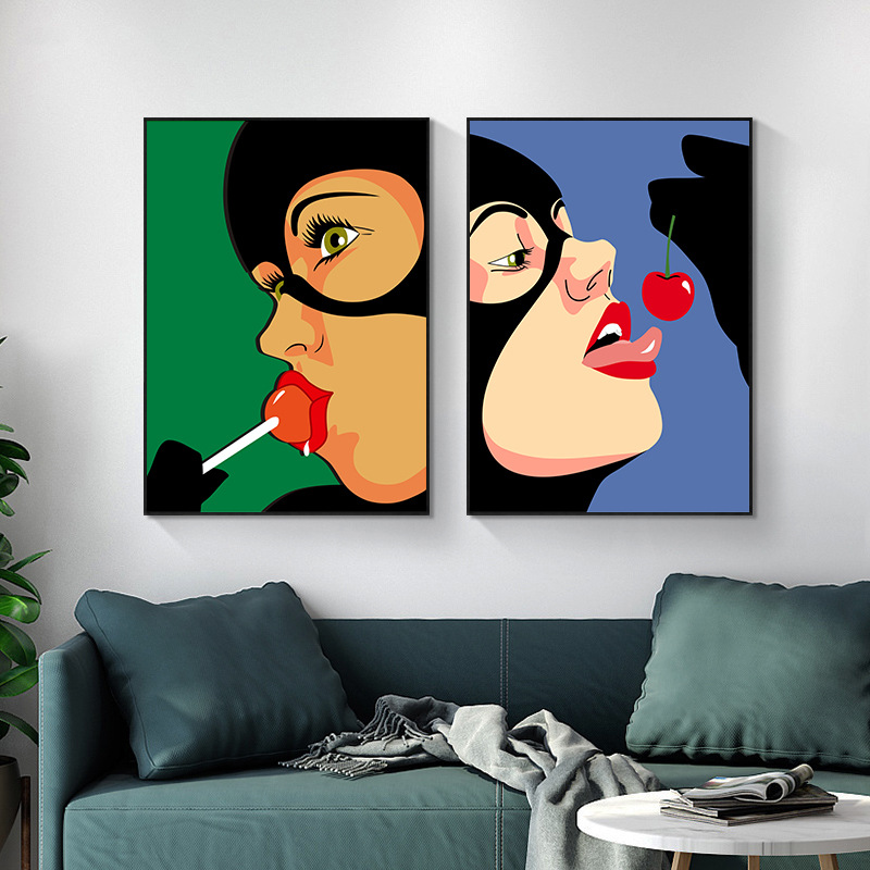 日式女人吃棒棒糖樱桃沙发背景帆布画客厅卧室餐厅装饰画