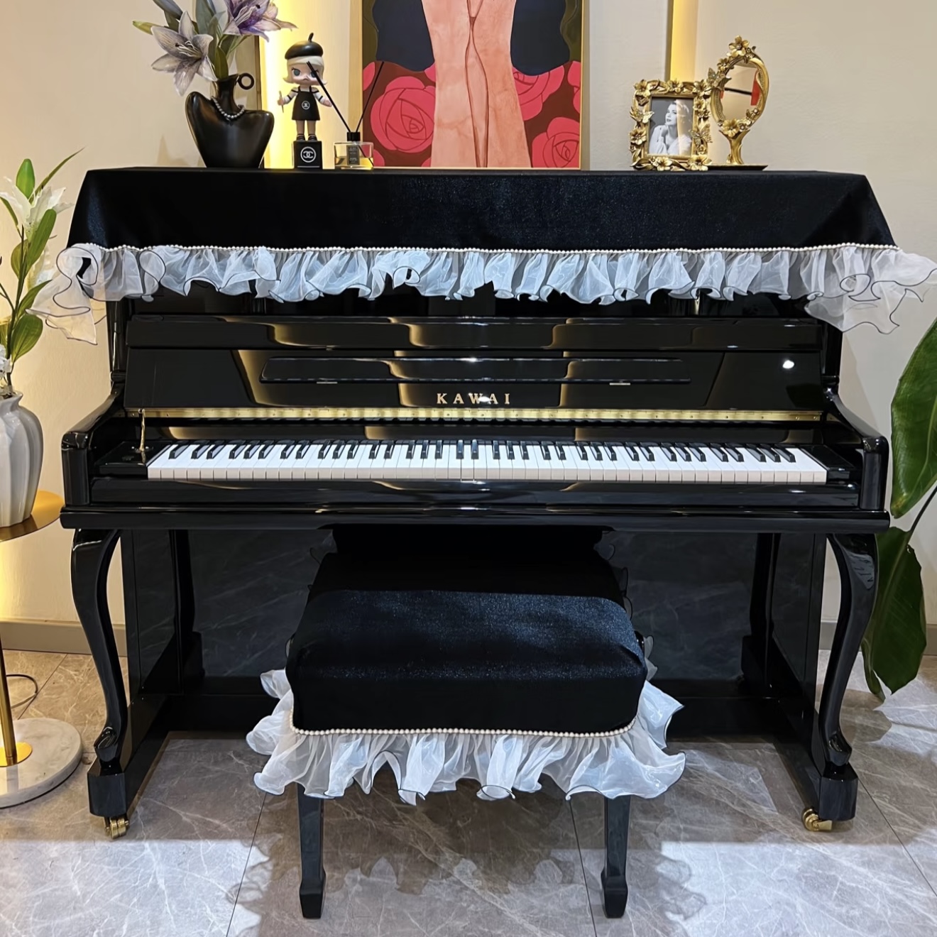 进口荷兰绒钢琴罩现代简约钢琴顶披防尘罩韩式蕾丝布艺升降琴凳套