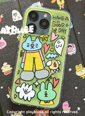 PlayBluee原创绿色猫猫卡通双层光面手机壳适用于苹果17mate60pro