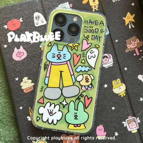 PlayBluee原创绿色猫猫卡通双层光面手机壳适用于苹果17mate60pro