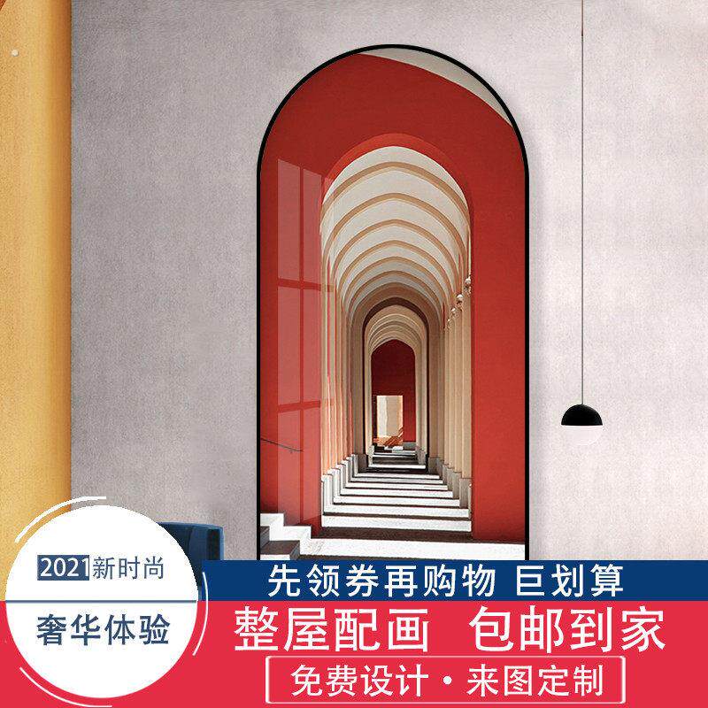 现代简约玄关门厅竖版装饰画楼梯空白墙个性挂画拱门镜型建筑壁画