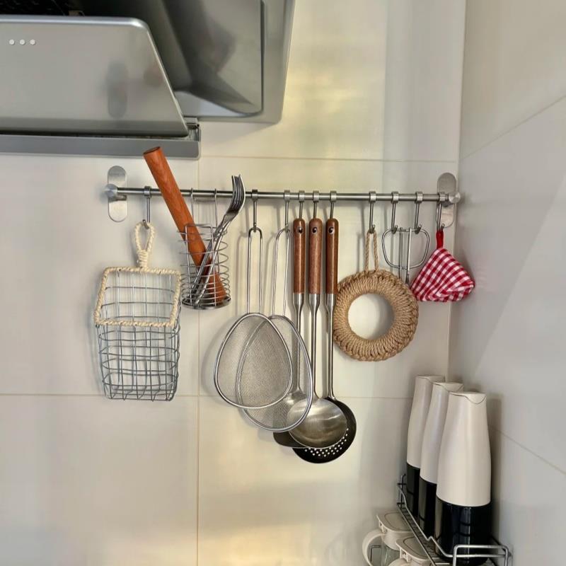 厨房挂钩挂杆免打孔不锈钢壁挂式置物架收纳层架黏胶刀架菜刀架家