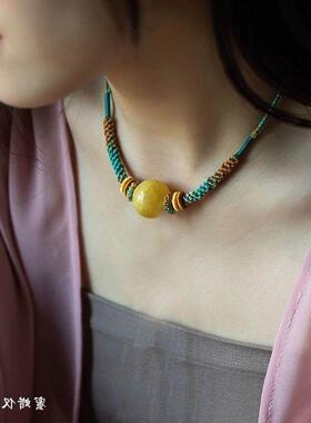 新手工编织锁骨炼男女款个性横穿蜜蜡天珠挂绳转运珠毛衣炼可调节