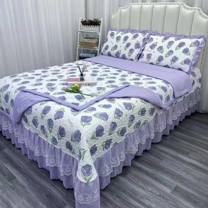 双层纱水洗棉麻夏被床盖四件套蕾丝花边夹棉单被套夏凉被子4件套