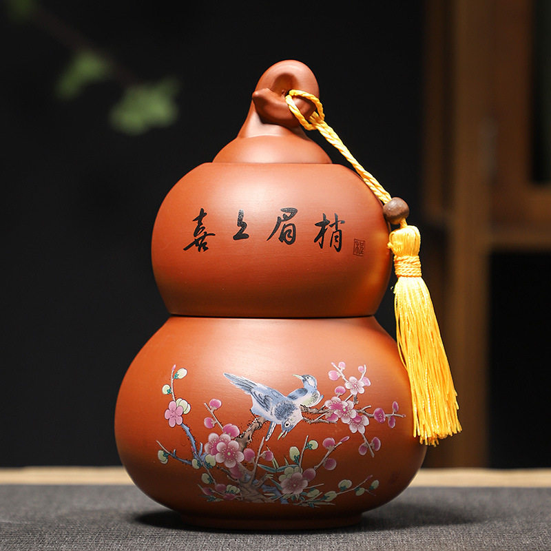 创意陶瓷紫砂葫芦茶叶罐密封罐普洱红茶罐醒茶罐摆件大号家用