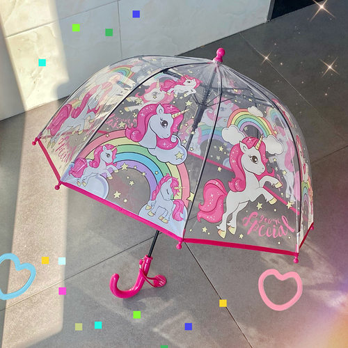 新款3-8岁儿童彩色独角兽透明雨伞可爱卡通长柄加厚自动韩国ins