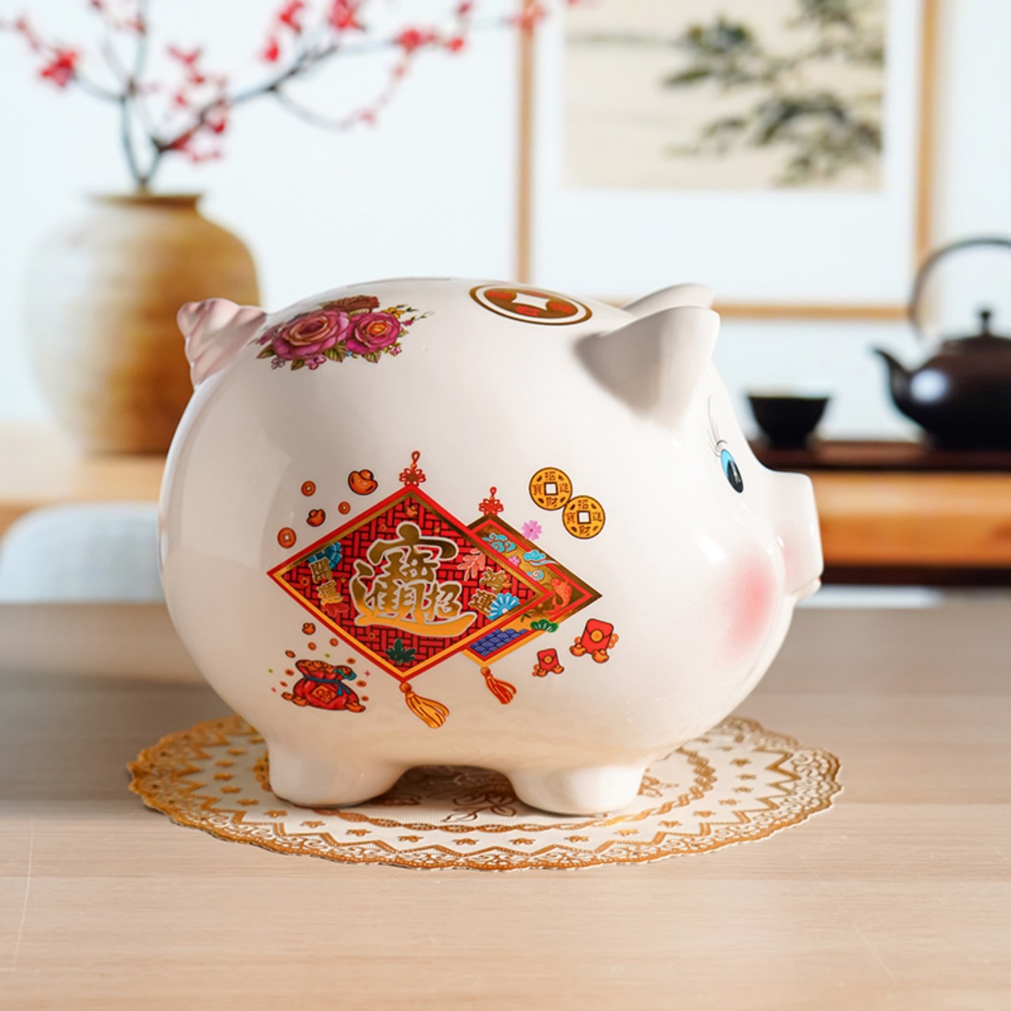中国风陶瓷储蓄罐小猪造型存钱罐只进不出家用装饰摆件创意送礼品