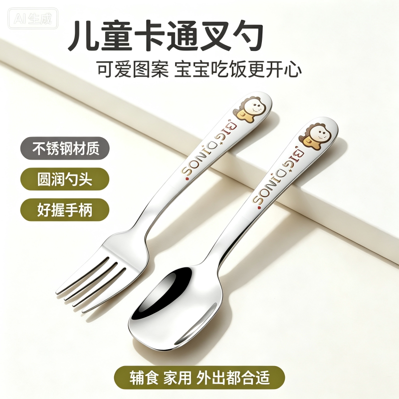 卡通勺叉宝宝学吃饭勺可爱短勺叉子餐厅儿童餐具304不锈钢勺叉