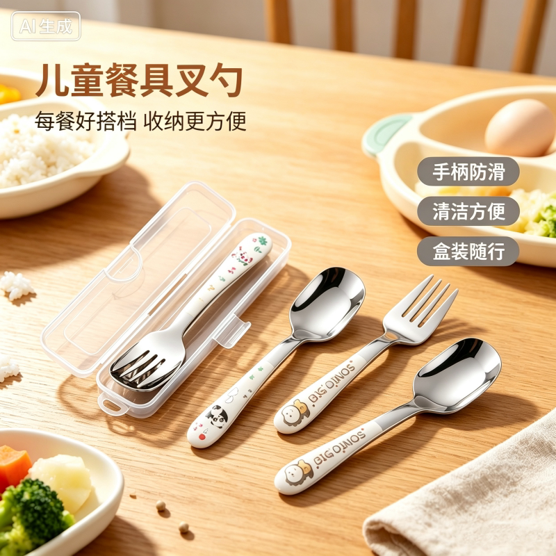 卡通304不锈钢辅食叉勺可爱吃饭短勺叉儿童自主进食训练叉勺子