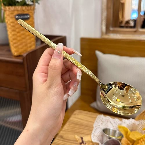 干饭人专用勺子！精致不锈钢喝汤勺主餐更西餐勺子锤纹大圆头长柄