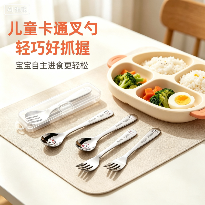 卡通304不锈钢勺叉餐具家用儿童吃饭调羹勺便携甜品勺水果叉子
