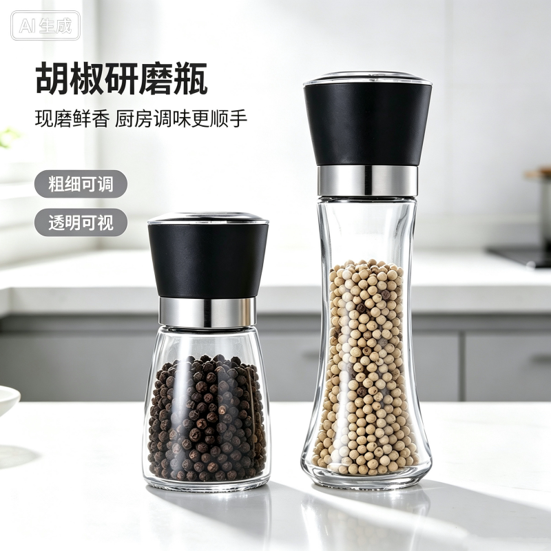 塑料黑白胡椒粒研磨器家用手动研磨瓶胡椒粉现磨花椒粉玫瑰海盐碎