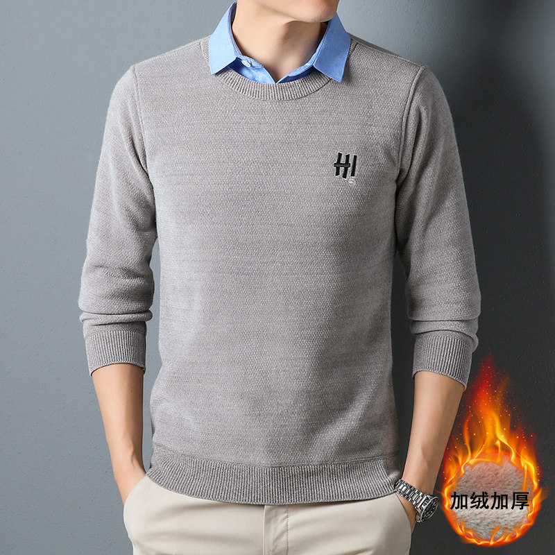 新款男士精品超柔假两件毛衣加厚男毛衣上衣带领长袖雪貂绒针织衫