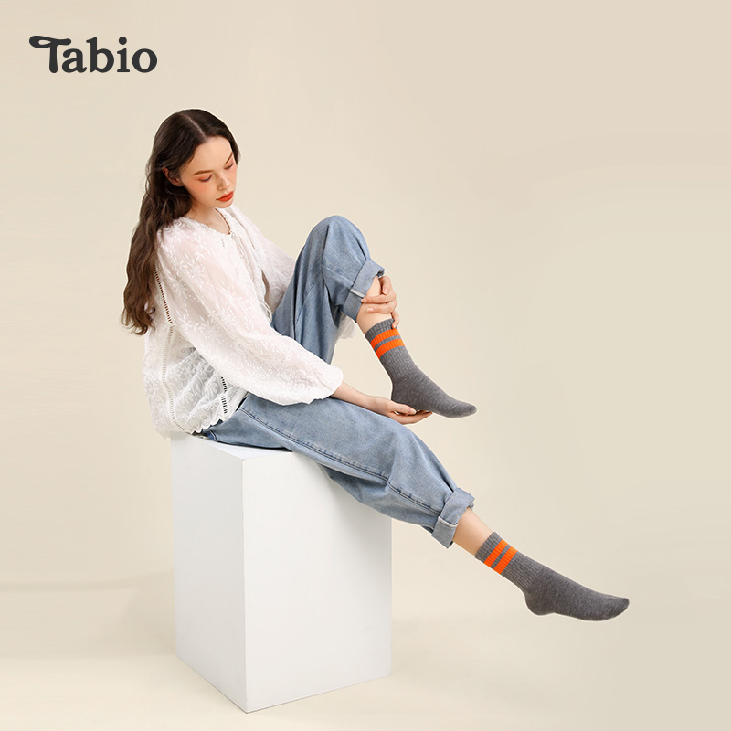 Tabio条纹袜子女高弹透气日系百搭荧光色双杠休闲运动日本女袜