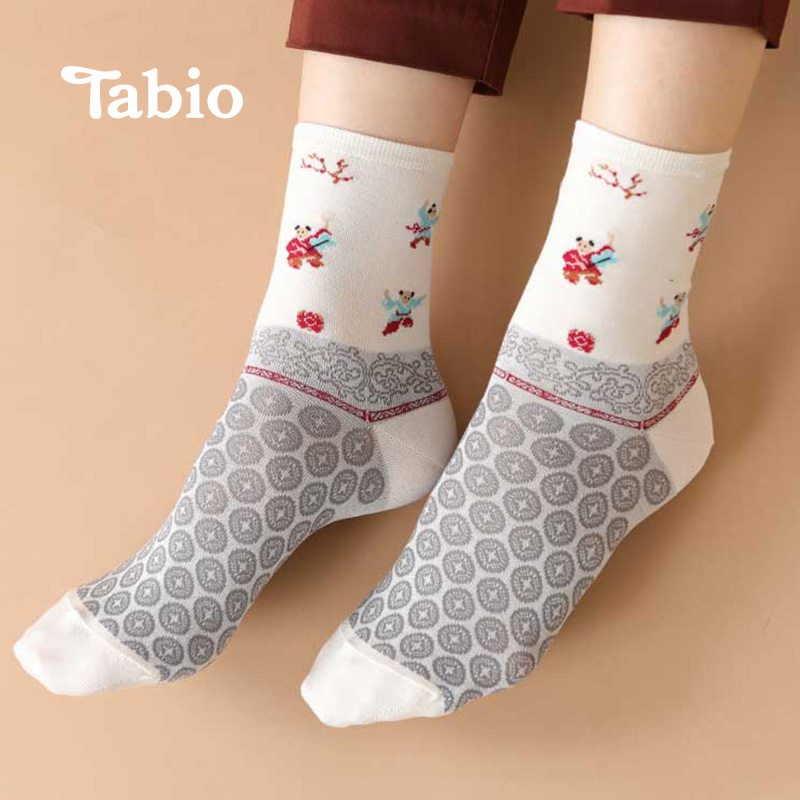 Tabio福娃图案袜子女春秋高弹透气本命年红袜子中国风女袜高级感