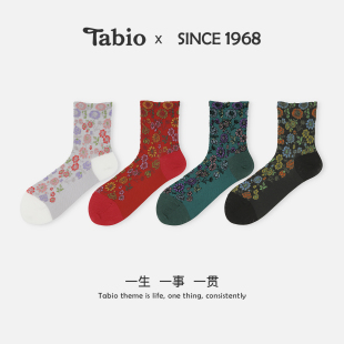 Tabio繁花袜子女秋冬高弹透气浮雕花纹设计感女袜文艺百搭中筒袜