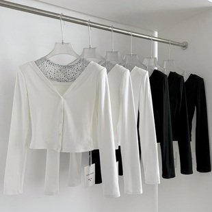 长袖 显瘦内搭打底衫 上衣T恤 女秋冬修身 白色烫钻v领磨毛针织开衫