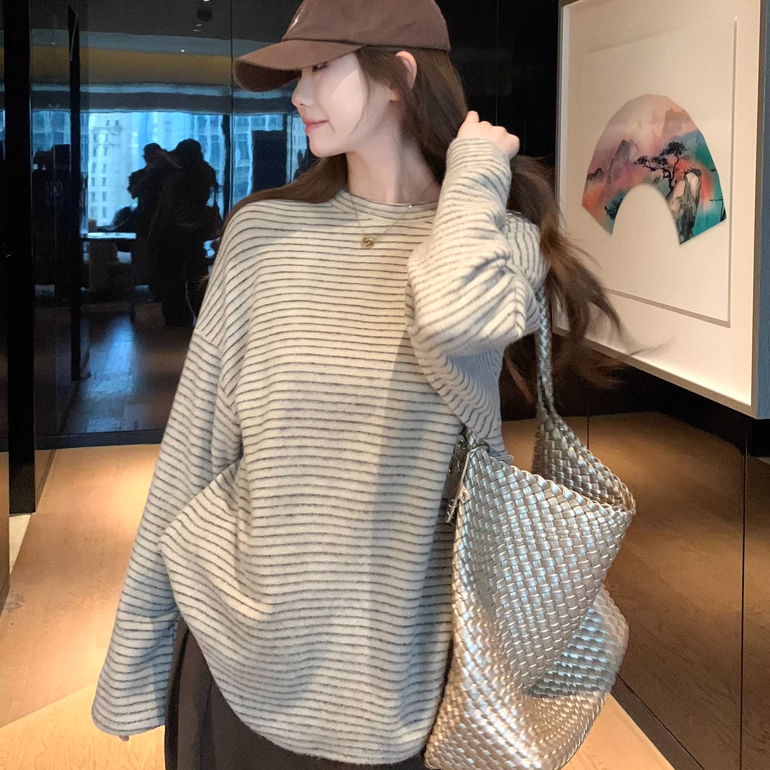 撞色磨毛加厚长袖t恤女秋冬穿搭