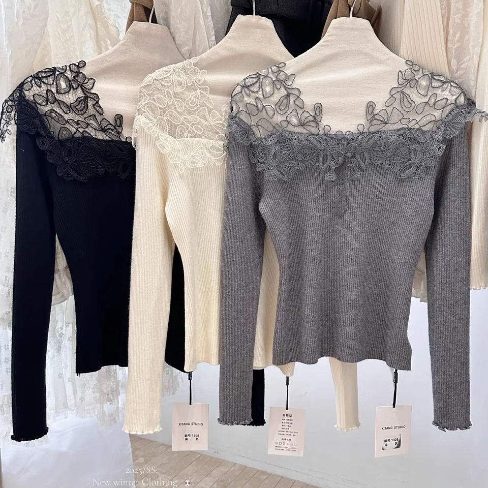 法式气质高级v领蕾丝打底衫女