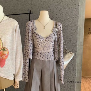 巨好看 薄款 碎花吊带背心套装 V领小上衣 两件套早秋 通勤T恤开衫