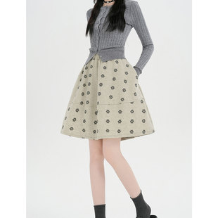 东大门韩系松紧腰花朵印花毛呢半身裙女秋冬新款 A字中裙 百搭厚款