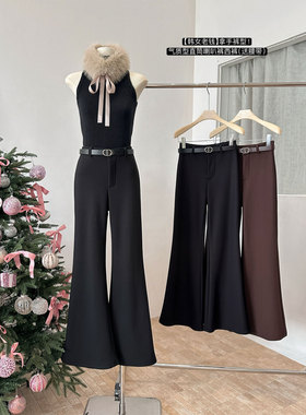 韩女高级感高腰微喇黑色西装裤女冬季新款气质加绒直筒休闲西裤子