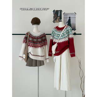 圣诞减龄圆领套头加厚针织衫 法式 新款 毛衣冬季 女潮 复古费尔岛长袖