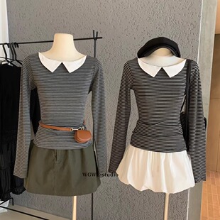 上衣可外穿 打底衫 韩系条纹拼接针织长袖 T恤女士秋冬内搭复古修身