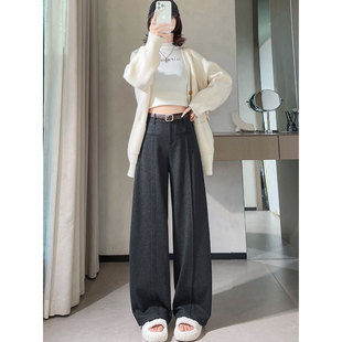 高级直筒拖地裤 高腰窄版 毛呢阔腿裤 女秋冬新款 子 垂坠感休闲拖地裤
