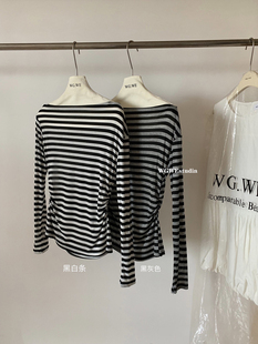 上衣 慵懒风针织打底衫 一字领休闲条纹宽松斜肩长袖 T恤女内搭秋季