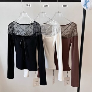 上衣 T恤女秋冬气质内里磨毛加绒打底衫 法式 性感蕾丝拼接内搭长袖