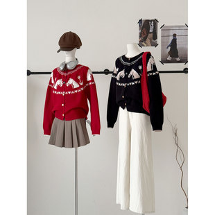 新年氛围感红色小马提花爱心毛衣外套女秋冬甜酷修身 上衣 针织衫