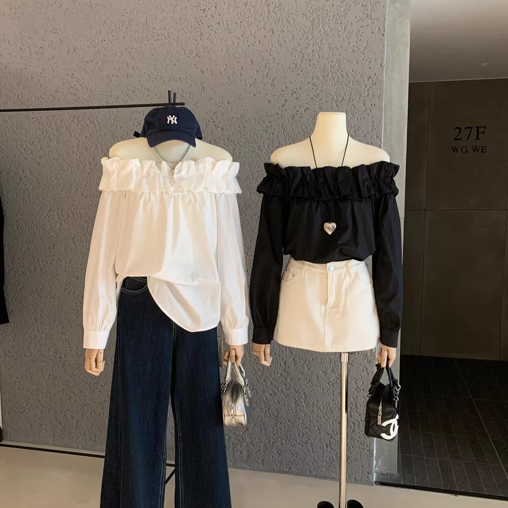 法式一字肩花苞长袖白色衬衫韩系