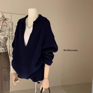 自在起居 松弛感羊毛大V领坑条针织衫短裤休闲套装女秋