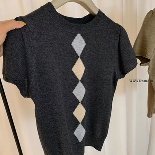 气质女士上衣秋冬毛衣内搭打底衫 质感菱格美丽诺羊毛短袖 针织衫