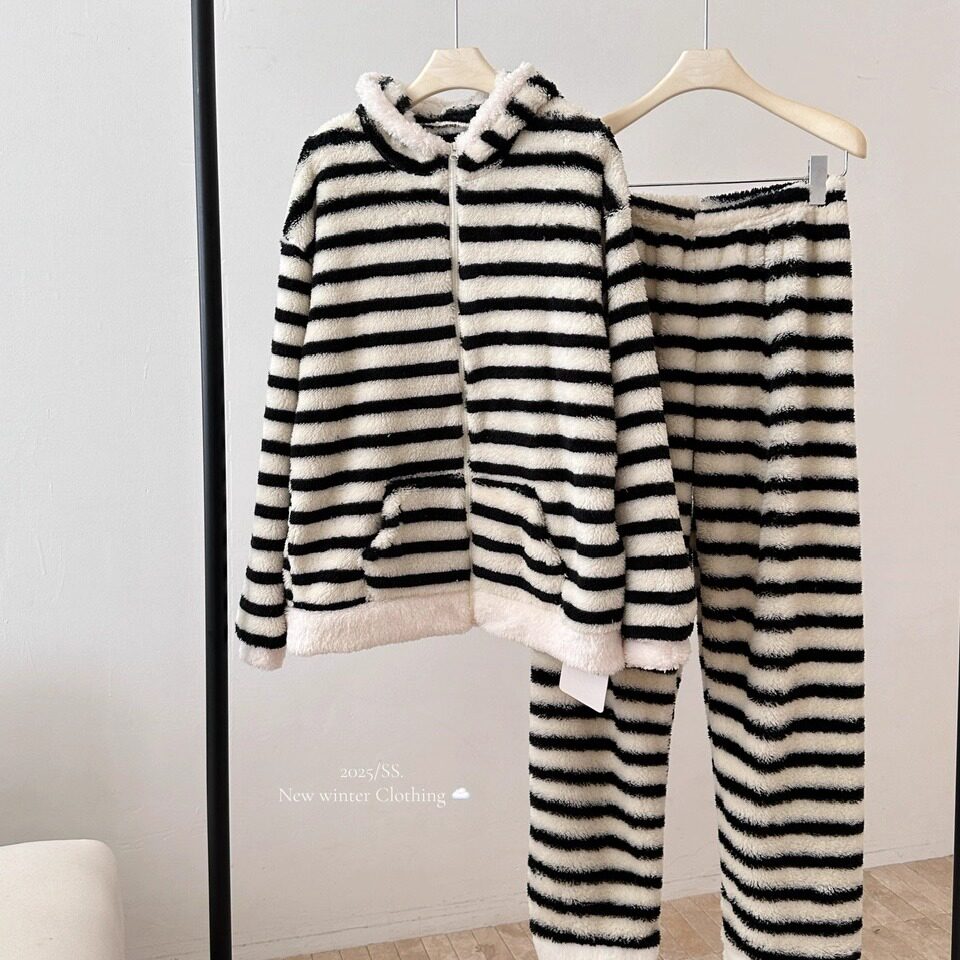 韩系慵懒风条纹撞色连帽睡衣套装女保暖加厚珊瑚绒家居服两件套潮,女装/女士精品,时尚套装,淘宝优惠券,粉丝福利购,淘宝优惠卷