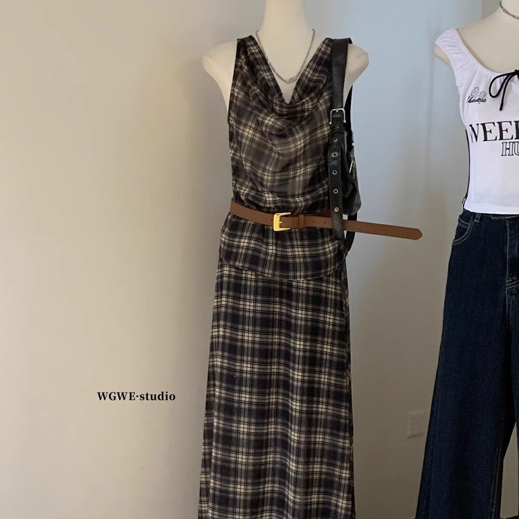 复古格子荡领吊带背心+高腰大摆半身裙法式气质两件套装(配腰带)