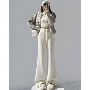 子 醋酸羊毛加绒裤 白色高腰羊绒微喇休闲裤 女秋冬高级感直筒阔腿裤