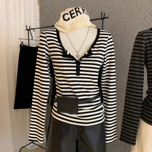 内搭高级感可外穿上衣 T恤女秋冬显瘦打底衫 今年流行爆款 条纹长袖