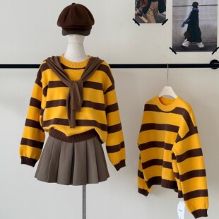 美拉德棕黄条纹撞色毛衣女秋冬韩系宽松慵懒风上衣内搭外穿针织衫
