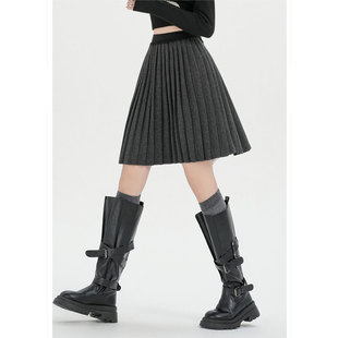 a字西装 韩版 中裙子 新款 花边半身裙高腰防走光灰色毛呢百褶裙冬季