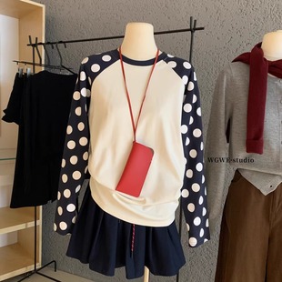 白色拼接波点休闲长袖 上衣 T恤女秋韩系绝美巨好看宽松插肩打底衫