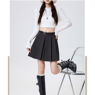 灰色气质毛呢百褶半身裙女秋冬高腰显瘦百搭防走光A字短裙配腰带